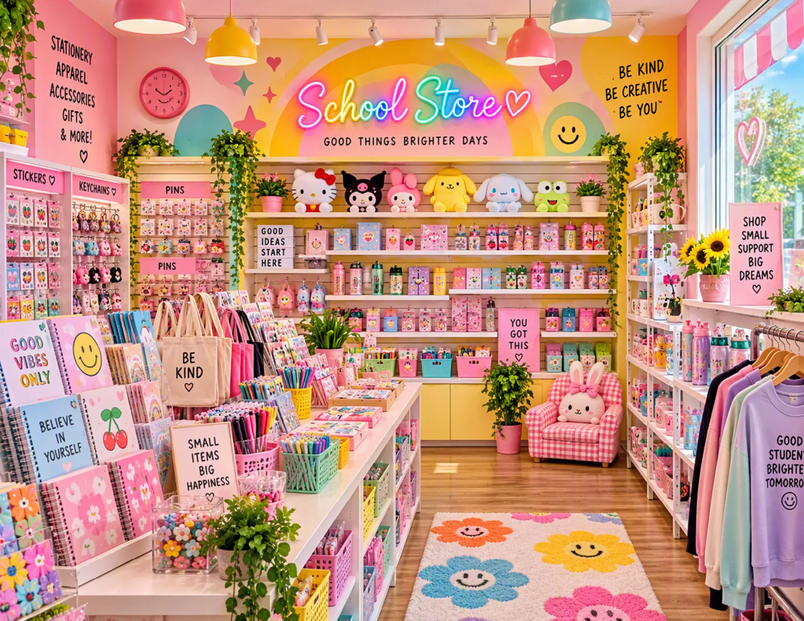 Colorful concept illustration of a school boutique with stationery, gifts, accessories and plush toys